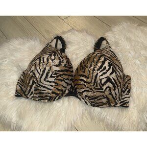 Cacique Boost Plunge Bra Lightly Padded UW Tiger Animal Print Womens 42DDD Beige